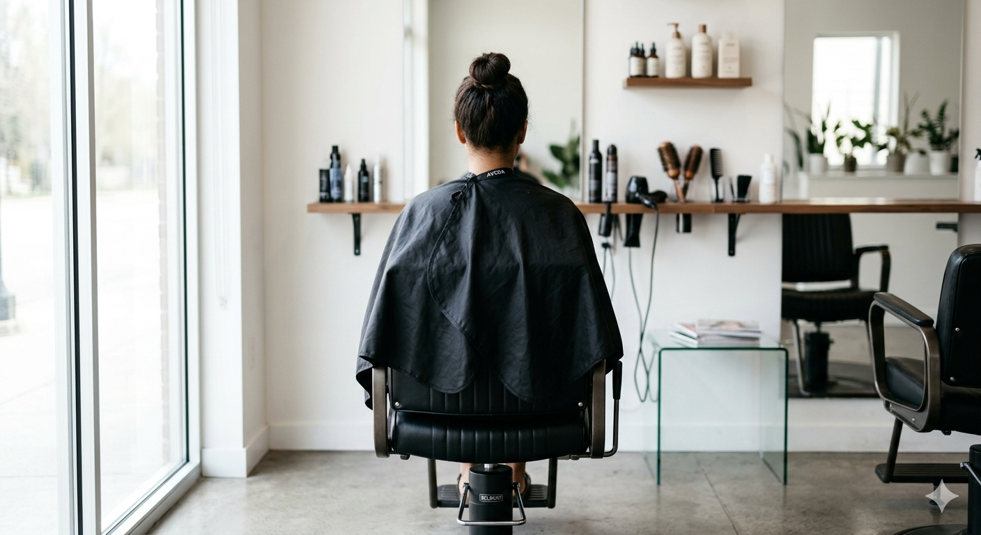 美容院のカット椅子に座りケープを巻いた人の後ろ姿。汗や恥ずかしさを連想させる美容室の風景