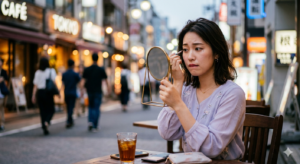 デート前に鏡を見て、顔汗によるメイク崩れを気にする不安げな女性