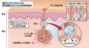 塩化アルミニウムが汗腺を塞ぐ化学的な仕組みの図解
