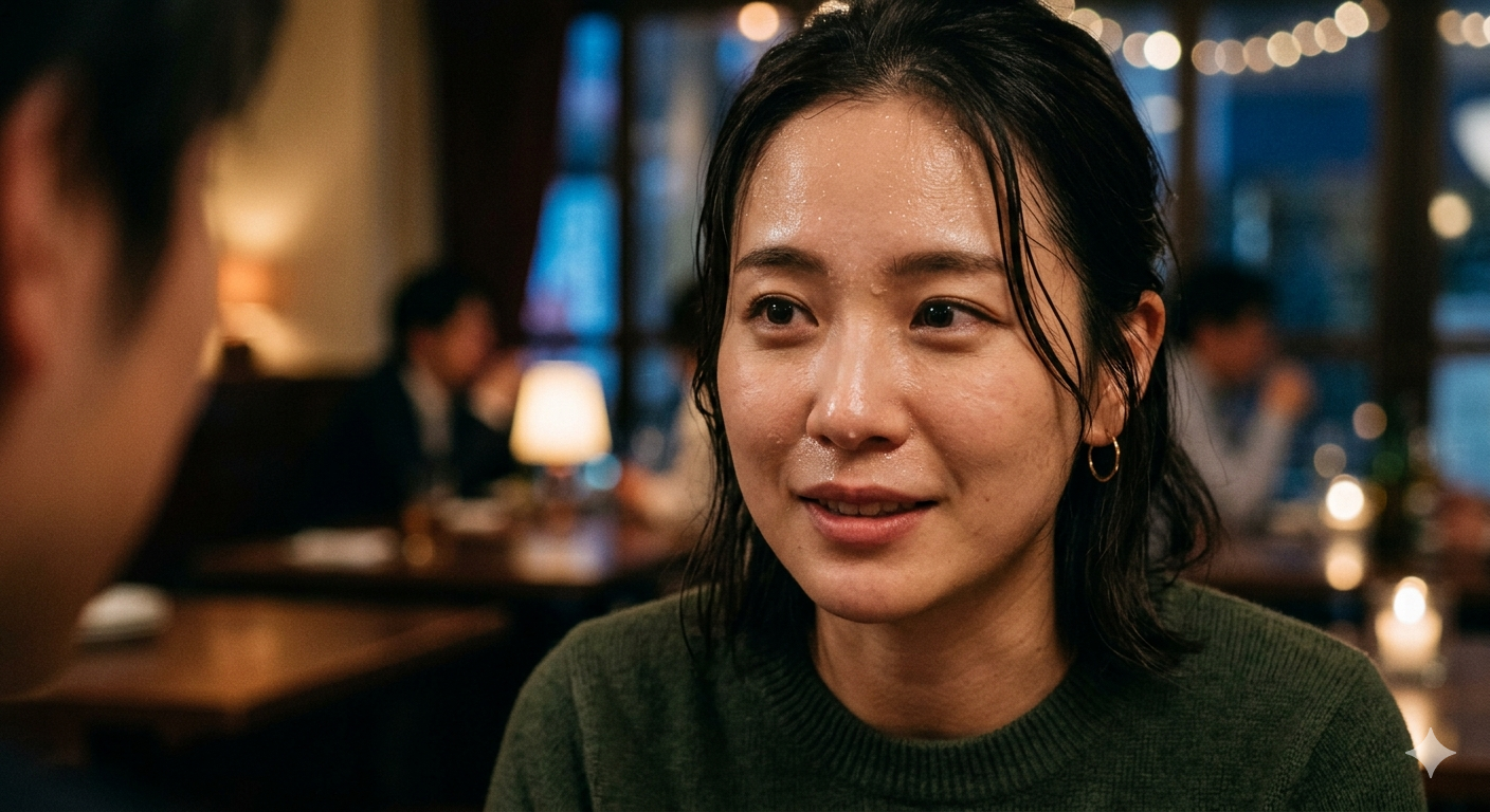 デート中の緊張で、顔（額や鼻の下）に精神性発汗の汗が滲む女性のクローズアップ