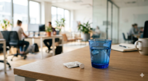 仕事中の顔汗対策として内服薬と水を用意したデスクの風景